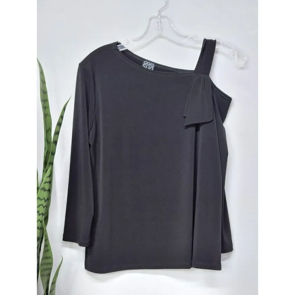 CLARA SUN WOO PEEKABOO SHOULDER DRAPED 3/4 SLEEVE BLACK TOP SIZE SMALL